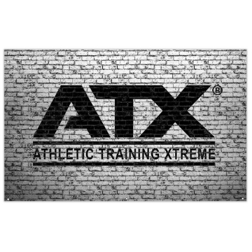 Poza cu ATX® Banner textil – logo ATX negru pe perete alb din piatră – 200 x 125 cm