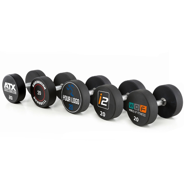 Poza cu Set gantere poliuretan personalizat - logo client - trepte de 2,5 kg - gantere compacte 5 - 30 kg
